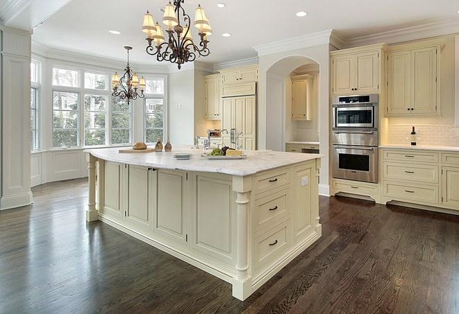 beautiful laminate flooring in a spacious kitchen in Medford, NY